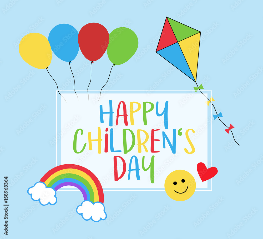 Happy Children's Day! 1st June, celebration of kids, greeting card with  rainbow, balloons, kite, smiley face and heart. Colorful vector  illustration drawing. Stock Vector | Adobe Stock, image size:1000x909