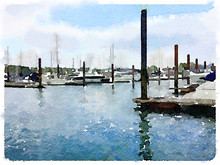 Digital Watercolor Painting Of Yachts At Pontoons In A Marina, With Space For Text.