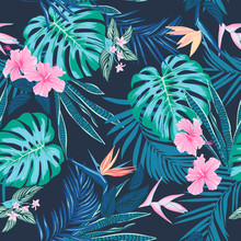 Vector Seamless Tropical Pattern, Vivid Tropic Foliage, With Monstera Leaf, Palm Leaves, Bird Of Paradise Flower, Hibiscus In Bloom. Modern Bright Summer Print Design