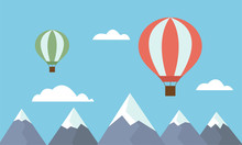 View Of Two Colorful Hot Air Balloons Jetting Over Mountain Tops Among Clouds On Blue Sky - Vector