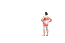 Close Up Miniature Toy Of Fat People Wear Swimming Suit Isolated With Clipping Path On White Background. 
