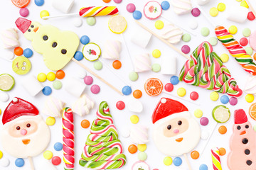 lollipops, candy, top view flat lay on white background