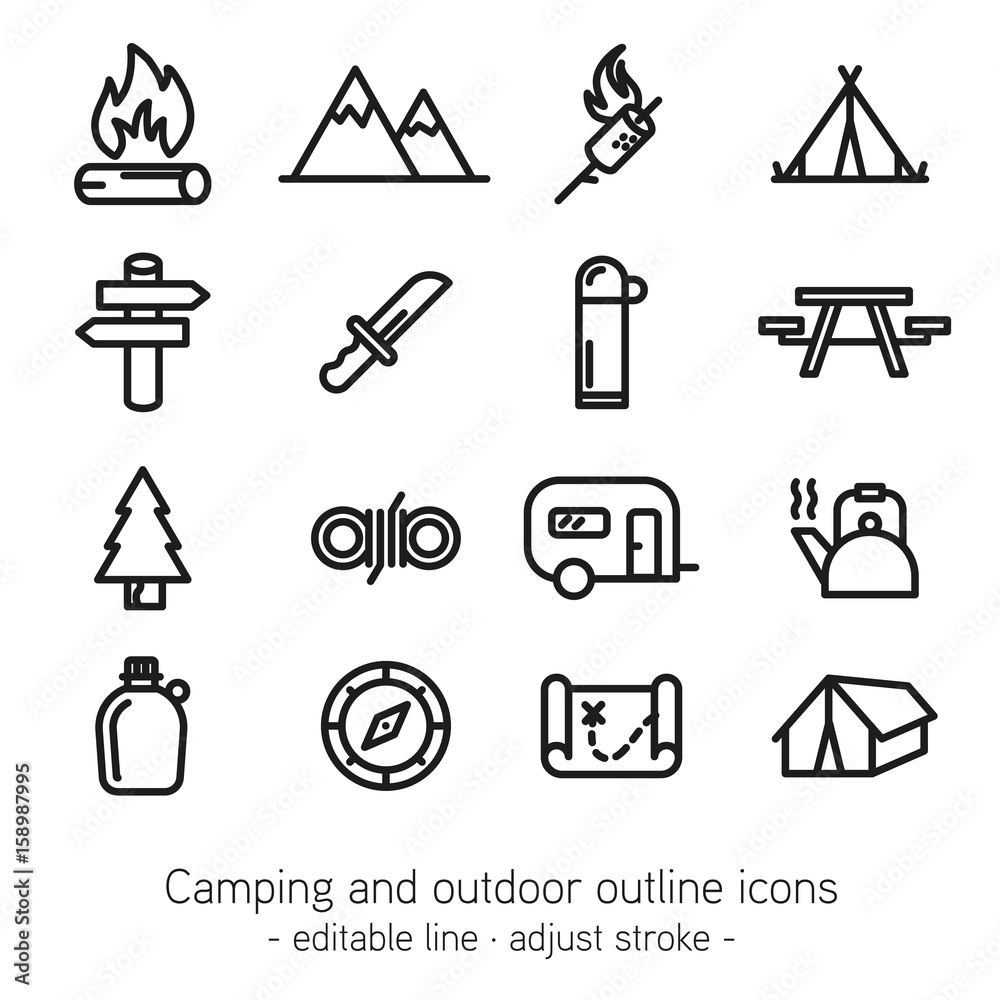 Camping and outdoor outline icons - editable line - adjust stroke - の ...