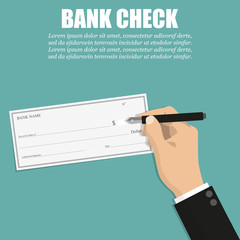 Poster - Businessman hand holding pen with bank check