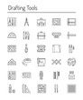 Drafting tools icon collection. Engineering drawing. Line icons set. Drafting kit, ruler, drawing board, protractor, tape, compass.