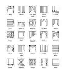 vector line icons with drapes. window curtains, blinds and shades.