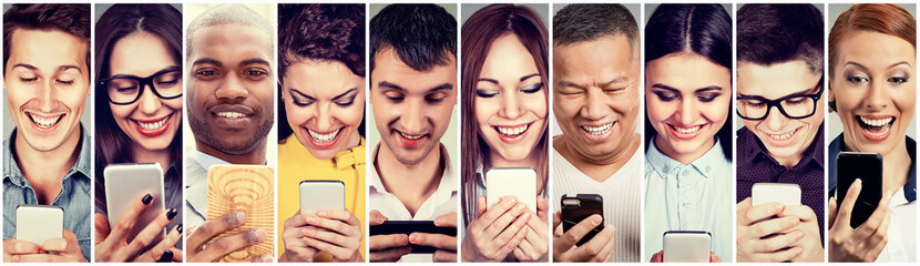 happy people using mobile smart phone