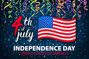 Wall Mural - Illustration of Independence Day Vector Poster. 4th of July Lettering. American Red Flag on Blue Background with Stars and Confetti art