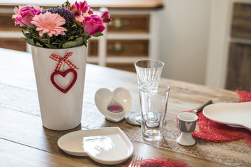 Wall Mural - Valentines day dinner setting romantic love for two wooden table red heart shape Copy space