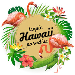 Wall Mural - Hawaii tropic paradise flamingo. Vector illustration of tropical birds, flowers, leaves.