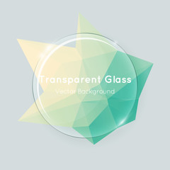 Poster - Vector glass banner with green yellow poly background. Abstract transparent round glass with stylish fresh colored polygonal shape.