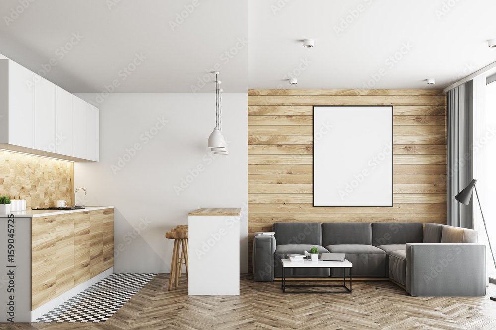 Obraz na płótnie Living room and kitchen, wood w salonie