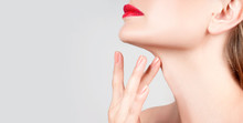Beautiful Woman Neck With Clean Skin And Red Lips