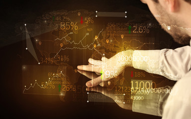 Poster - Hands navigate on high tech smart table with business icons