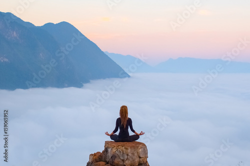 Fototapete - Serenity and yoga practicing,meditation in Laos, view from Nong Khiaw village 
