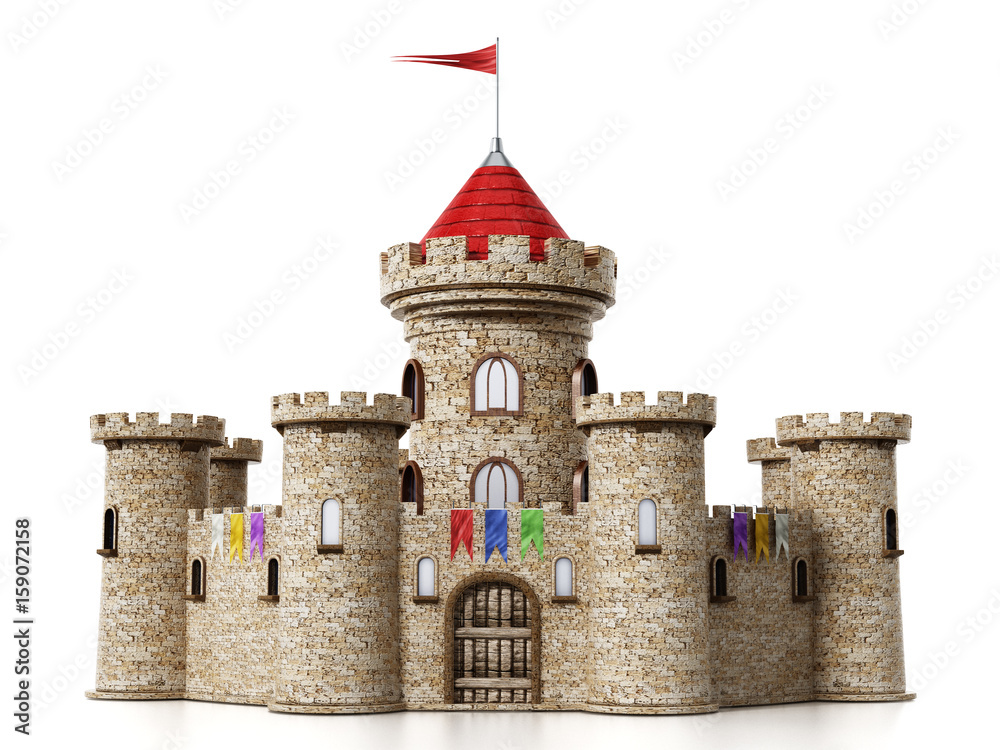 Fantastic medieval castle isolated on white background - obrazy, fototapety, plakaty 