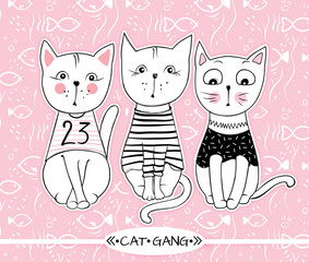 Vector series with cute fashion cats. Stylish kitten set. Trendy illustration in sketch style  t-shirt print, cards, poster. Doodle Kitty. Kids animals. Funny character.