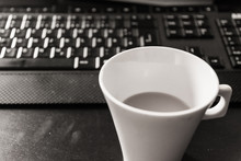 Black White Monochrome Coffee Cup Morning Keyboard Workspace Desktop Computer Desk