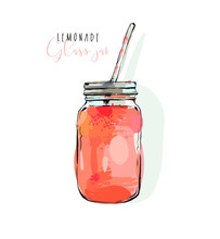 Hand Drawn Vector Abstract Artistic Cooking Illustration Of Strawberry Tropical Lemonade Shake Drink In Glass Jar Isolated On White Background.Diet Detox Concept