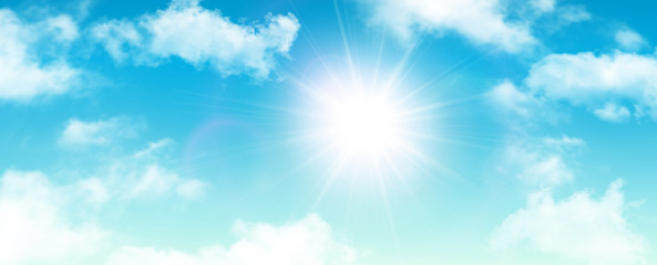 Wall Mural - sunny background, blue sky with white clouds and sun