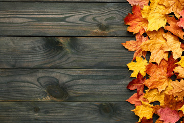Wall Mural - Wooden background with autumn leaves
