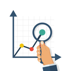 Wall Mural - Magnifying glass charts. Magnifier in hand of a businessman. Financial statements. Study of graphs and diagrams. Vector illustration flat design. Isolated on white background. Research report concept.