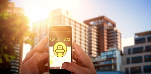 Poster - Composite image of close-up of man holding smart phone
