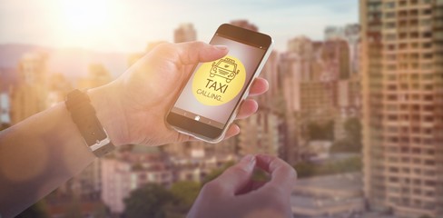 Poster - Composite image of close-up of man holding mobile phone