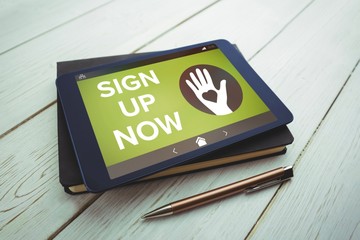 Poster - Composite image of sign up now text with icons on green screen