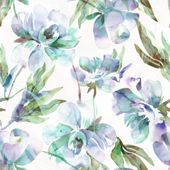 Peonies Seamless Pattern. Watercolor Background.