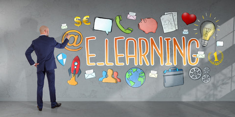 Wall Mural - Businessman drawing e-learning sketch on a wall 3D rendering