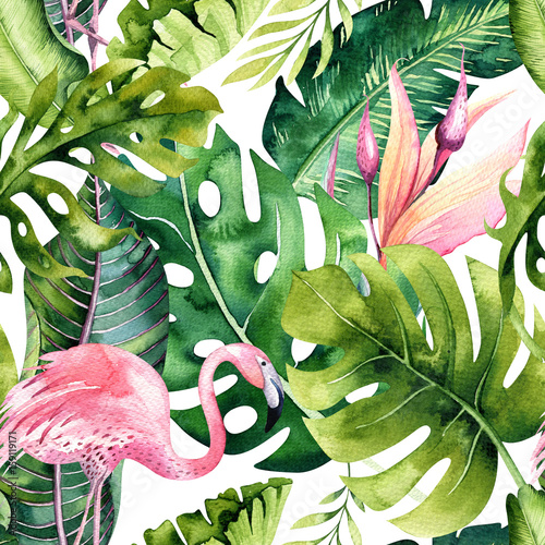 Foto-Schiebegardine mit Schienensystem - Tropical isolated seamless pattern with flamingo. Watercolor tropic drawing, rose bird and greenery palm tree, tropic green texture, exotic flower. Aloha set (von kris_art)