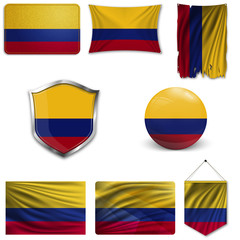 Poster - Set of the national flag of Colombia in different designs on a white background. Realistic vector illustration.