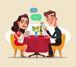 Couple two man and woman characters sitting in cafe on date and using smart phone social network. Vector flat cartoon illustration