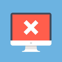 Poster - Red x mark on computer screen. PC, desktop computer with white cross. Failure concept. Modern flat design vector illustration