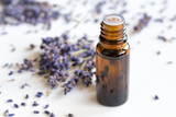 Fototapeta  - A bottle of lavender essential oil on a white background