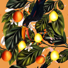 Fototapete - Bright tropical pattern with citrus, leafs and toucan birds