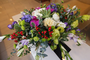 Bright bouquet of flowers decorating the reception of the dental clinic