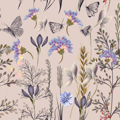 Wall Mural - Flower vector pattern with plants. Vintage provance style