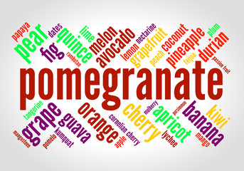 Wall Mural - Pomegranate. Word cloud, brightly colored font, grey gradient background. Fruit.