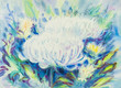 Abstract watercolor original painting white,purple  color of chrysanthemum  flowers  and green leaves