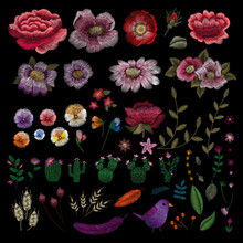 Traditional Folk Flower Fashionable Embroidery On The Black Background. Bouquet Of Dog Rose For Printing On Clothes. Vector
