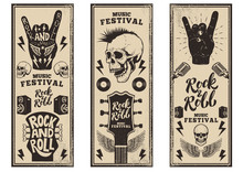 Rock And Roll Party Flyers Template. Vintage Guitars, Punk Skull, Rock And Roll Sign On Grunge Background. Vector Illustration