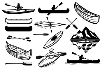 Wall Mural - set of the kayaking sport icons. canoe, boats, oars mans. design elements for logo, label, emblem, s
