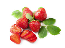 Strawberry. Sweet Fruit. Fresh Red Juicy Fruits With Leaf And Sliced Parts Isolated On White Background