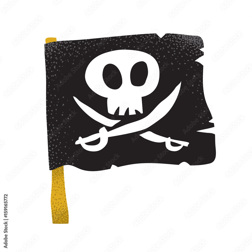 Cartoon style grunge traditional black pirate flag with white skull and ...