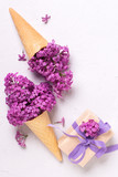 Fototapeta  - Splendid lilac flowers in waffle cones in box with present  on grey textured background.