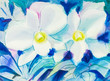 Abstract watercolor original painting white color of orchid  flowers  and green leaves in blue color background.