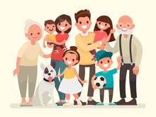 Happy Family. Father, Mother, Grandfather,grandmother, Children And Pet