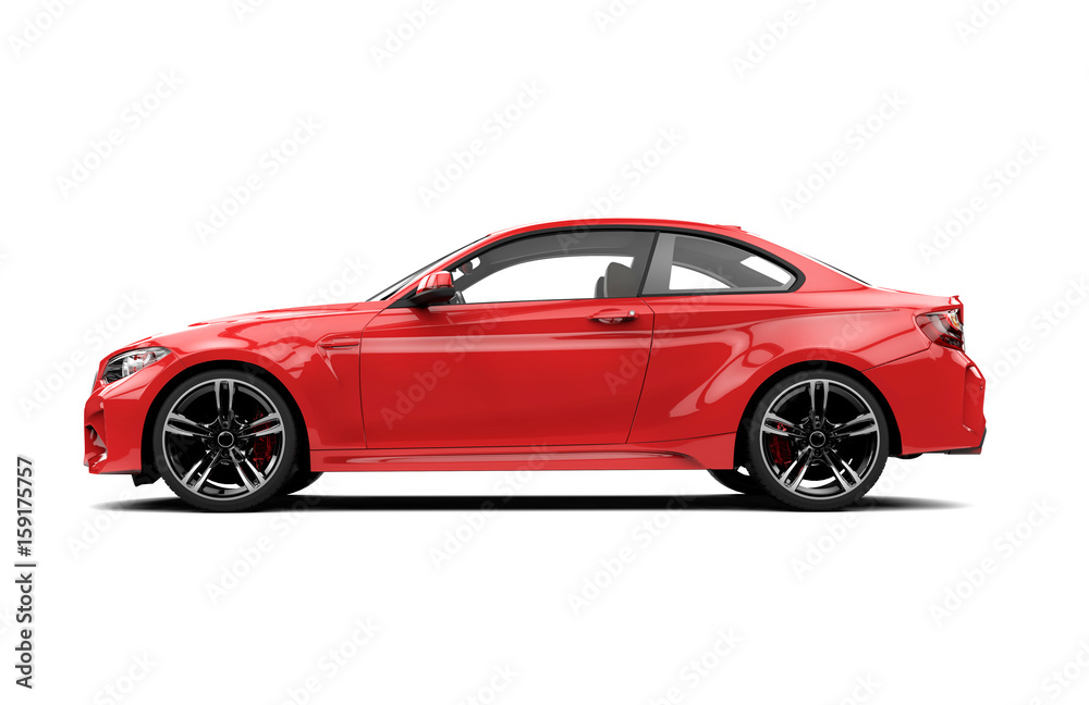 Lateral red sport car isolated on a white background - obrazy, fototapety, plakaty 